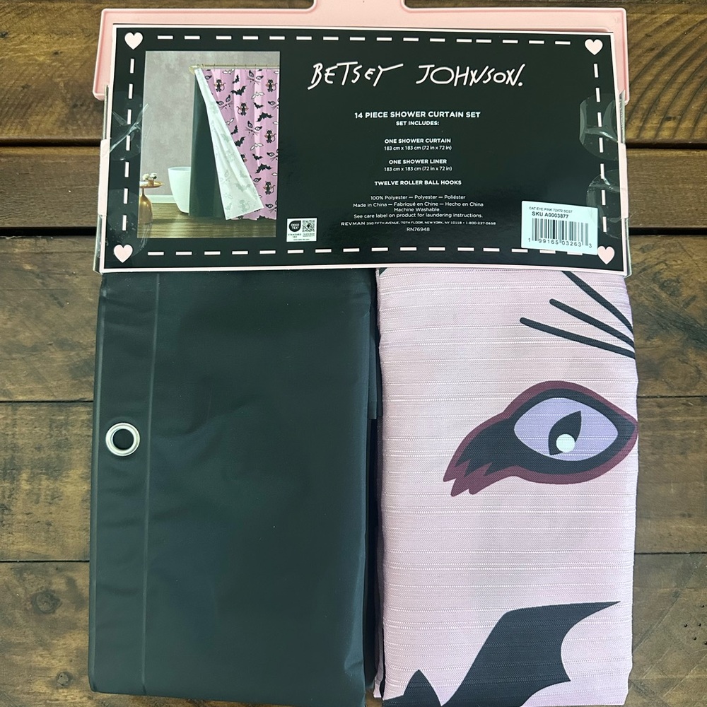Betsy Johnson Black & Pink Cat & Bat Shower Curtain Set w/ Liner & Shower Hooks